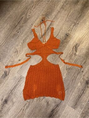Milk It Crochet Halter Mini Dress Swim
Cover Up in Burnt Orange